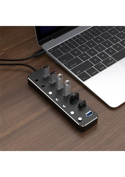 USB 3.0 Güç Adaptörü 7 Port Alüminyum Alaşımlı Ayırıcı Hub USB Hub 3.0 USB Çoklu Genişletici Anahtarı 1.2m Kablo Hub Ab Fişi B (Yurt Dışından) fırsatları