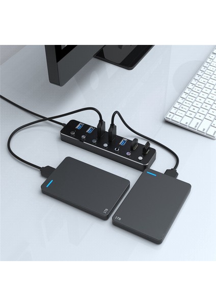 USB 3.0 Güç Adaptörü 7 Port Alüminyum Alaşımlı Ayırıcı Hub USB Hub 3.0 USB Çoklu Genişletici Anahtarı 1.2m Kablo Hub Ab Fişi B (Yurt Dışından) indirimleri