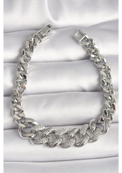 Pirinç Gümüş Renk Zirkon Taşlı Kalın Halka Model Kadın Bileklik - TJ-BB6854 fiyatları