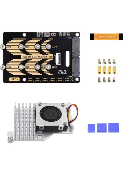 Raspberry Pi 5 Pcıe - 2ch M.2 Hat (B) Uyumlu 2280 Nvme M.2 SSD Hat 16P Kablo 5 Gbps Veri Hızı ve Soğutucu ile (Yurt Dışından)