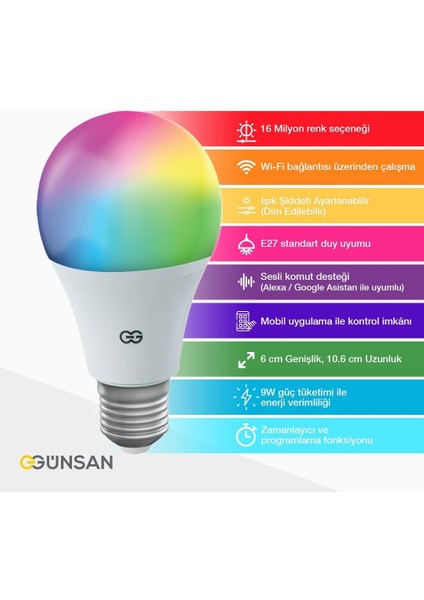 Akıllı Wifi LED Ampul Rgb Çok Renkli Tuya ve Smart Life Uygulama Destekli (9W 2700K-6500K Ayarlanabilir)