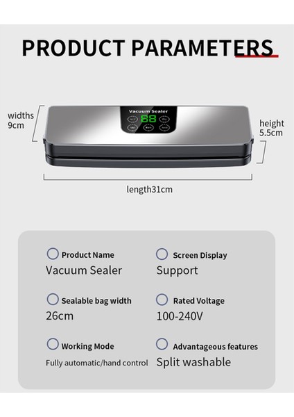 Elektrikli Vakumlu Paketleme Makinesi Kuru/ıslak Gıda Ambalajını Taze Tutmak Için Mühürleme Dokunmatik Düğmeler Dijital Ekran Çıkarılabilir Temizlenebilir (Abd) (Yurt Dışından) fiyatları