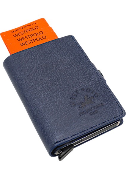Hakiki Eskitme Deri Bozuk Para Bölmeli ve Mekanizmalı Unisex Cüzdan - Lacivert modelleri