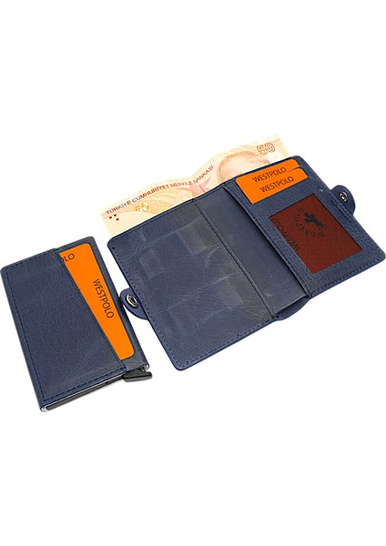 Hakiki Eskitme Deri Bozuk Para Bölmeli ve Mekanizmalı Unisex Cüzdan - Lacivert indirimleri