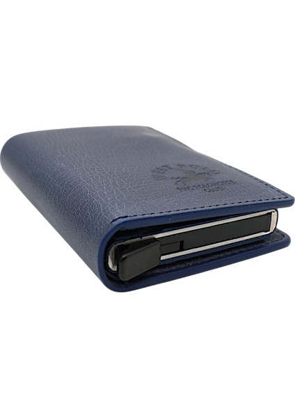 Hakiki Eskitme Deri Bozuk Para Bölmeli ve Mekanizmalı Unisex Cüzdan - Lacivert