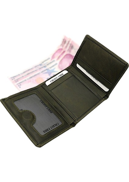 Hakiki Eskitme Deri Kağıt Para ve Kart Bölmeli Unisex Cüzdan - Haki modelleri