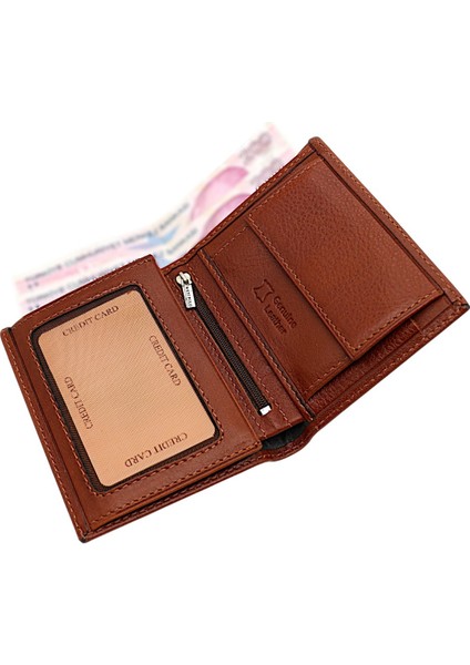 Hakiki Deri Bozuk Para ve Kart Bölmeli Içi Fermuarlı Erkek Cüzdanı - Taba modelleri