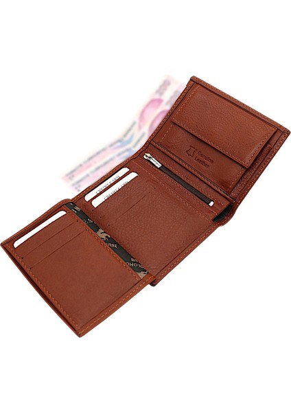 Hakiki Deri Bozuk Para ve Kart Bölmeli Içi Fermuarlı Erkek Cüzdanı - Taba fırsatları