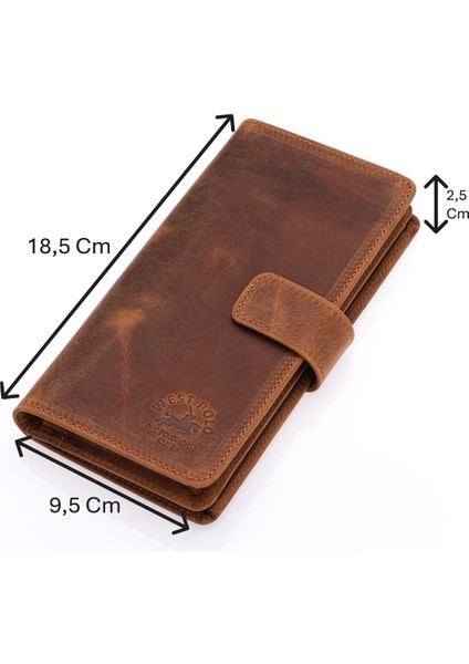 Hakiki Eskitme Deri Kağıt Para, Bol Kart ve Telefon Bölmeli Unisex Uzun Cüzdan - G2 Taba
