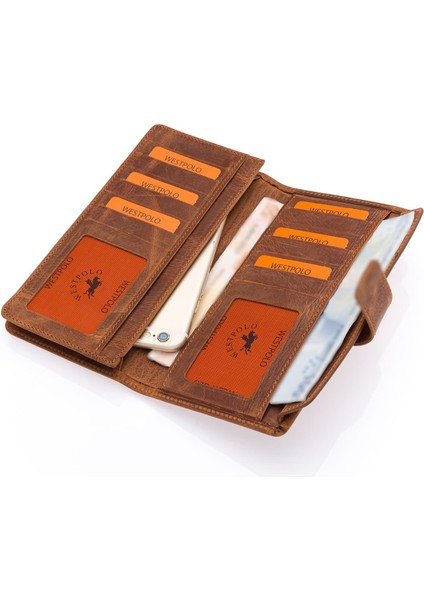 Hakiki Eskitme Deri Kağıt Para, Bol Kart ve Telefon Bölmeli Unisex Uzun Cüzdan - G2 Taba modelleri