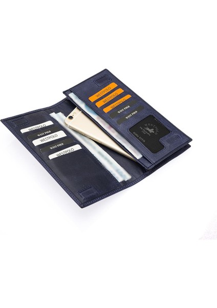 Bol Kart Bölmeli Hakiki Eskitme Deri Kağıt Para ve Telefon Bölmeli Unisex Cüzdan - Lacivert modelleri