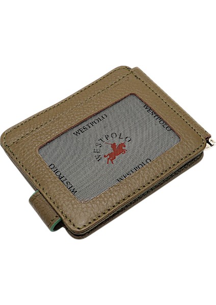 Hakiki Deri Çift Taraflı Kullanıma Uygun Kuşaklı Kağıt Para Klipsli Unisex Kartlık - Haki indirimleri