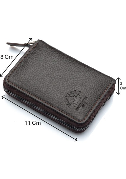 Hakiki Deri Kağıt Para ve Bol Şeffaf Kart Bölmeli, Fermuarlı Unisex Kartlık - Kahverengi