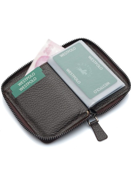 Hakiki Deri Kağıt Para ve Bol Şeffaf Kart Bölmeli, Fermuarlı Unisex Kartlık - Kahverengi modelleri