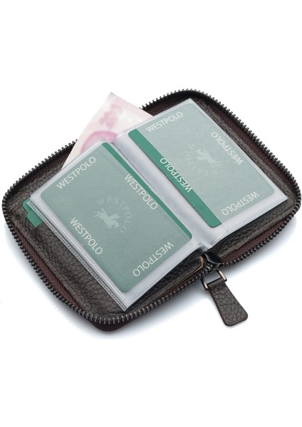 Hakiki Deri Kağıt Para ve Bol Şeffaf Kart Bölmeli, Fermuarlı Unisex Kartlık - Kahverengi fırsatları