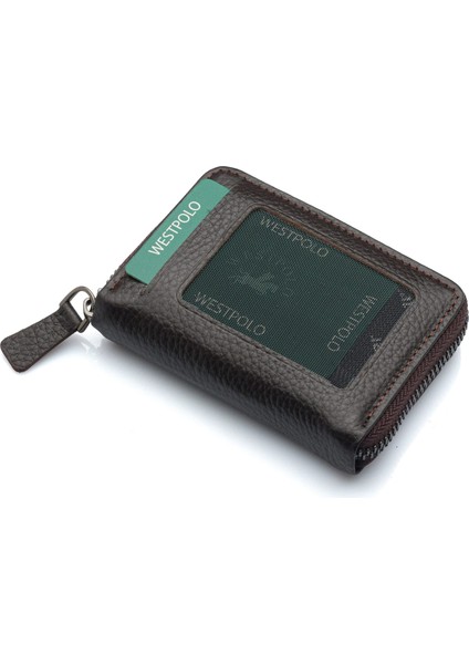 Hakiki Deri Kağıt Para ve Bol Şeffaf Kart Bölmeli, Fermuarlı Unisex Kartlık - Kahverengi