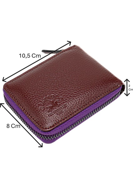 Hakiki Deri Kağıt Para ve Bol Şeffaf Kart Bölmeli, Fermuarlı Unisex Kartlık - Bordo