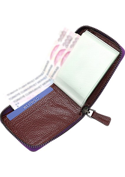 Hakiki Deri Kağıt Para ve Bol Şeffaf Kart Bölmeli, Fermuarlı Unisex Kartlık - Bordo modelleri