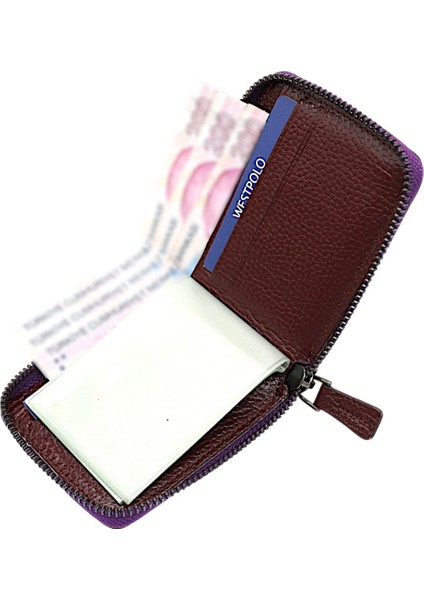 Hakiki Deri Kağıt Para ve Bol Şeffaf Kart Bölmeli, Fermuarlı Unisex Kartlık - Bordo fırsatları