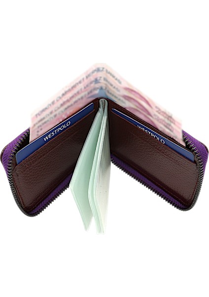 Hakiki Deri Kağıt Para ve Bol Şeffaf Kart Bölmeli, Fermuarlı Unisex Kartlık - Bordo indirimleri