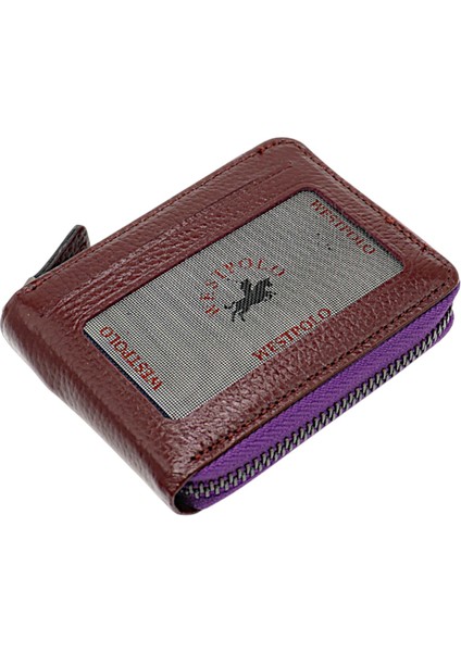 Hakiki Deri Kağıt Para ve Bol Şeffaf Kart Bölmeli, Fermuarlı Unisex Kartlık - Bordo