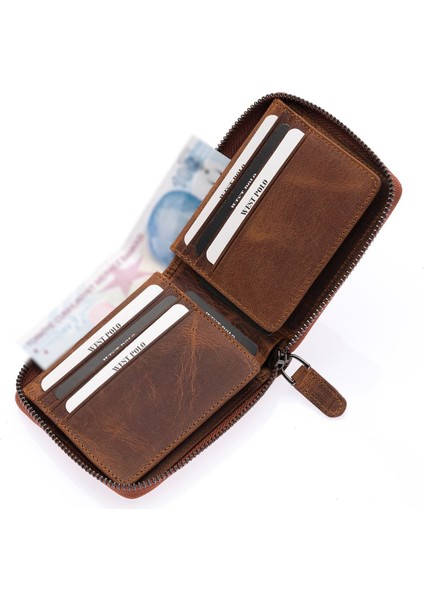 Unisex Kağıt Para ve Bozuk Para Bölmeli Hakiki Eskitme Deri Cüzdan Kartlık - G2 Taba modelleri