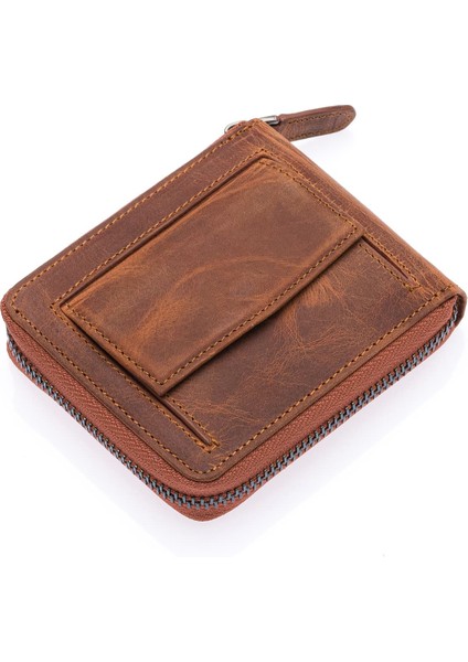 Unisex Kağıt Para ve Bozuk Para Bölmeli Hakiki Eskitme Deri Cüzdan Kartlık - G2 Taba