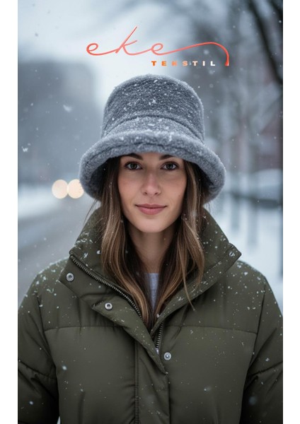 Kadın Peluş Bucket Açık Gri Renk Şapka