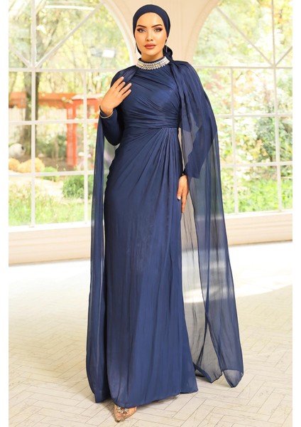 Yakası Taşlı Pelerin Detaylı Yoryo Ipek Tesettür Abiye Elbise K. Indigo 1247