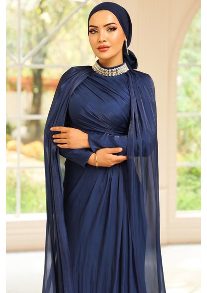 Yakası Taşlı Pelerin Detaylı Yoryo Ipek Tesettür Abiye Elbise K. Indigo 1247 fiyatları