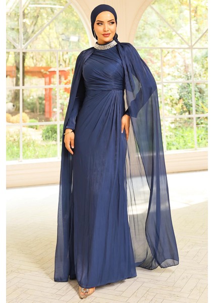 Yakası Taşlı Pelerin Detaylı Yoryo Ipek Tesettür Abiye Elbise K. Indigo 1247 modelleri