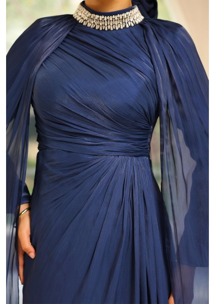 Yakası Taşlı Pelerin Detaylı Yoryo Ipek Tesettür Abiye Elbise K. Indigo 1247 fırsatları