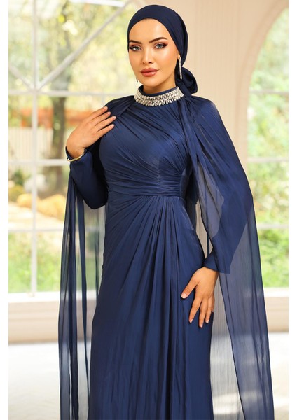 Yakası Taşlı Pelerin Detaylı Yoryo Ipek Tesettür Abiye Elbise K. Indigo 1247 indirimleri
