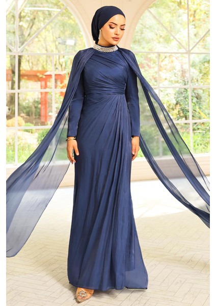 Yakası Taşlı Pelerin Detaylı Yoryo Ipek Tesettür Abiye Elbise K. Indigo 1247