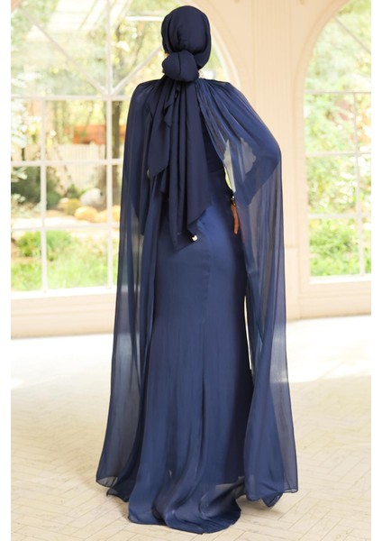 Yakası Taşlı Pelerin Detaylı Yoryo Ipek Tesettür Abiye Elbise K. Indigo 1247