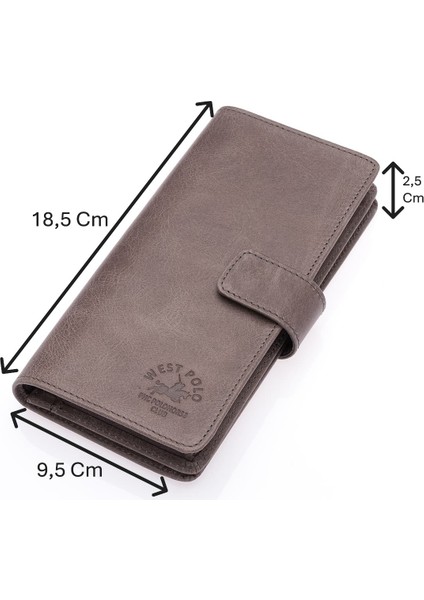 Hakiki Eskitme Deri Kağıt Para, Bol Kart ve Telefon Bölmeli Unisex Uzun Cüzdan - Gri