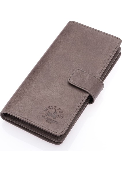 Hakiki Eskitme Deri Kağıt Para, Bol Kart ve Telefon Bölmeli Unisex Uzun Cüzdan - Gri fiyatları