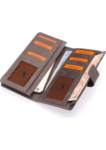 Hakiki Eskitme Deri Kağıt Para, Bol Kart ve Telefon Bölmeli Unisex Uzun Cüzdan - Gri modelleri