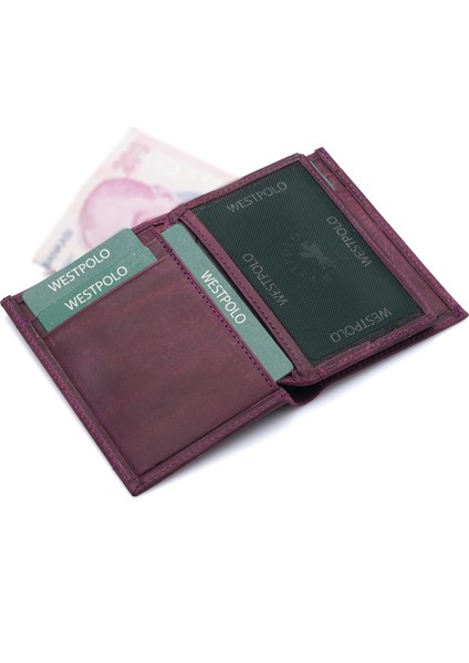 Hakiki Eskitme Deri Kağıt Para ve Kart Bölmeli Erkek Cüzdanı - Mor modelleri