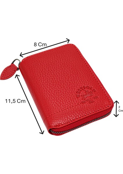 Hakiki Deri Kağıt Para ve Bol Kart Bölmeli Fermuarlı Unisex Cüzdan - Kırmızı