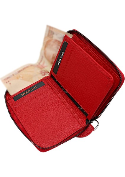 Hakiki Deri Kağıt Para ve Bol Kart Bölmeli Fermuarlı Unisex Cüzdan - Kırmızı modelleri