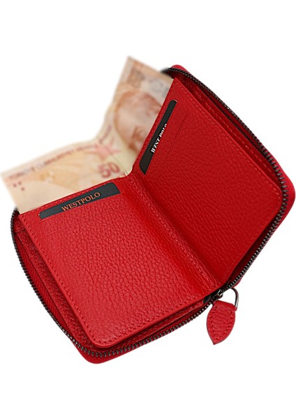Hakiki Deri Kağıt Para ve Bol Kart Bölmeli Fermuarlı Unisex Cüzdan - Kırmızı fırsatları
