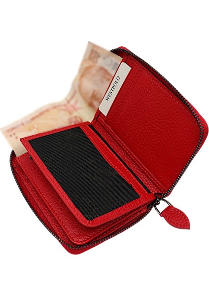 Hakiki Deri Kağıt Para ve Bol Kart Bölmeli Fermuarlı Unisex Cüzdan - Kırmızı indirimleri