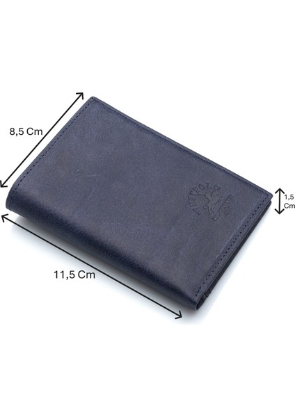 Hakiki Eskitme Deri Kağıt Para ve Bol Kart Bölmeli Unisex Cüzdan - Lacivert