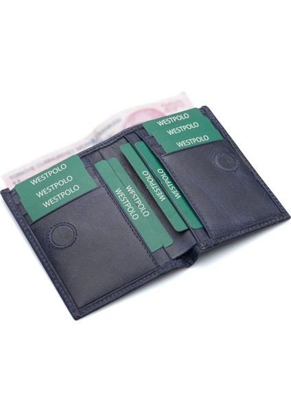 Hakiki Eskitme Deri Kağıt Para ve Bol Kart Bölmeli Unisex Cüzdan - Lacivert modelleri