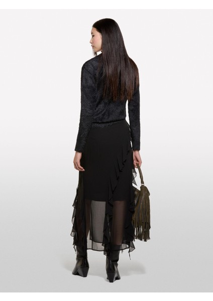Önü ve Arkası Fırfır Detaylı Midi Şifon Etek Kadın Siyah Etek - 324A4T2VL002I