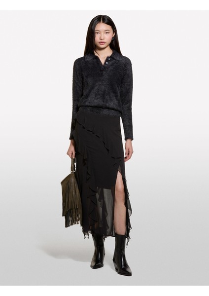 Önü ve Arkası Fırfır Detaylı Midi Şifon Etek Kadın Siyah Etek - 324A4T2VL002I fiyatları