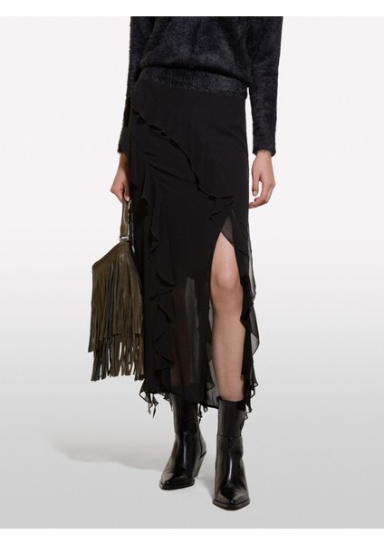 Önü ve Arkası Fırfır Detaylı Midi Şifon Etek Kadın Siyah Etek - 324A4T2VL002I fırsatları