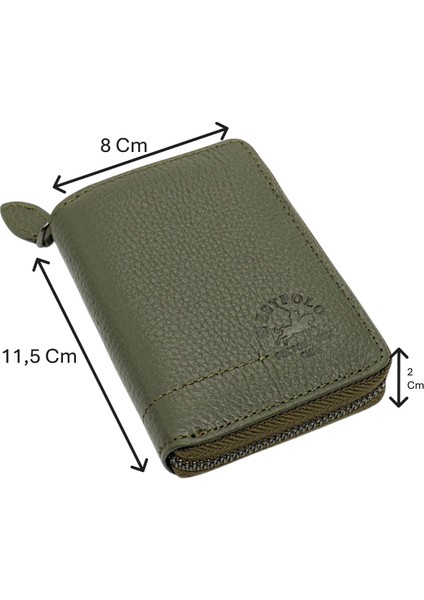 Hakiki Deri Kağıt Para ve Bol Kart Bölmeli Fermuarlı Unisex Cüzdan - Haki