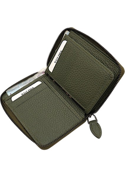 Hakiki Deri Kağıt Para ve Bol Kart Bölmeli Fermuarlı Unisex Cüzdan - Haki modelleri